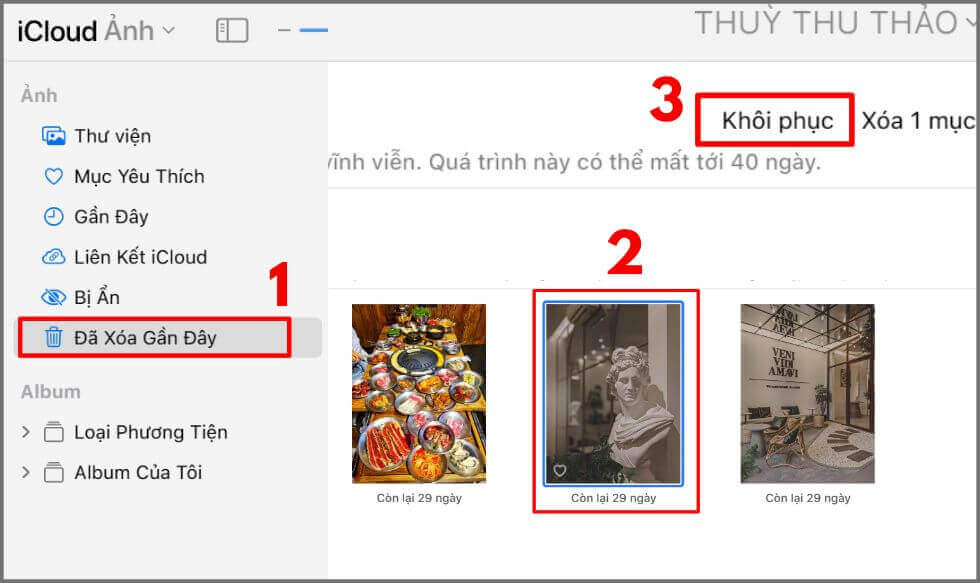chọn mục đã xóa gần đây