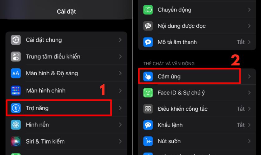 vào mục cảm ứng ở iPhone