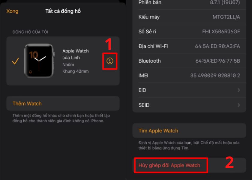 Hủy ghép đôi apple watch