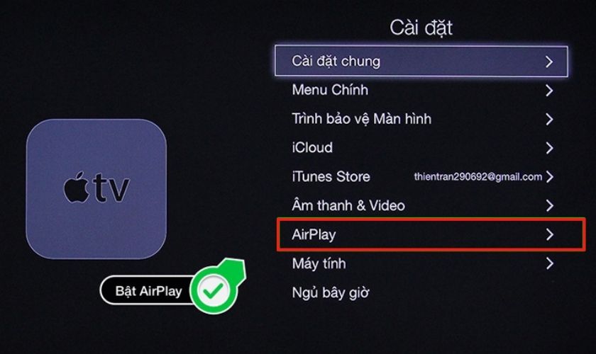 chọn airplay trong mục cài đặt chung