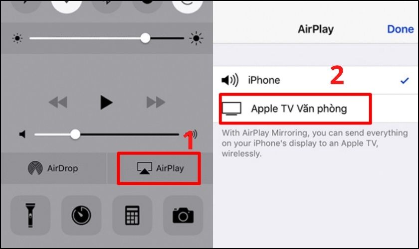 mở trung tâm điều khiển trên iphone và chọn airplay