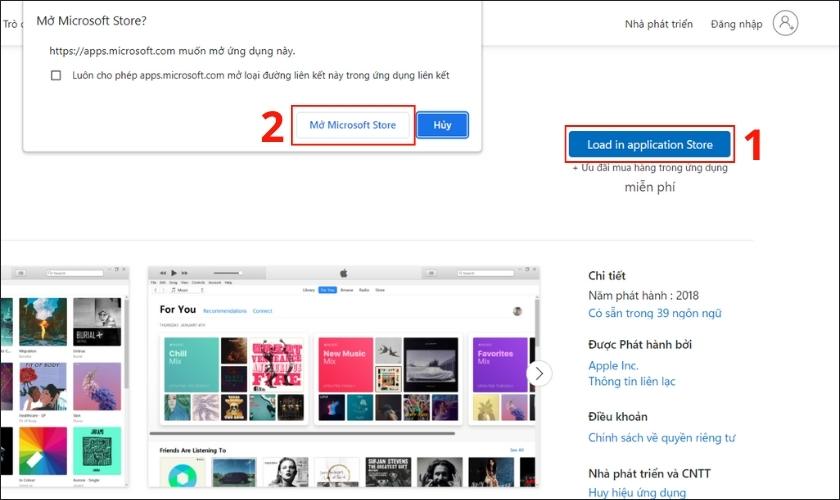 nhấn load in application và chọn mở microsoft store