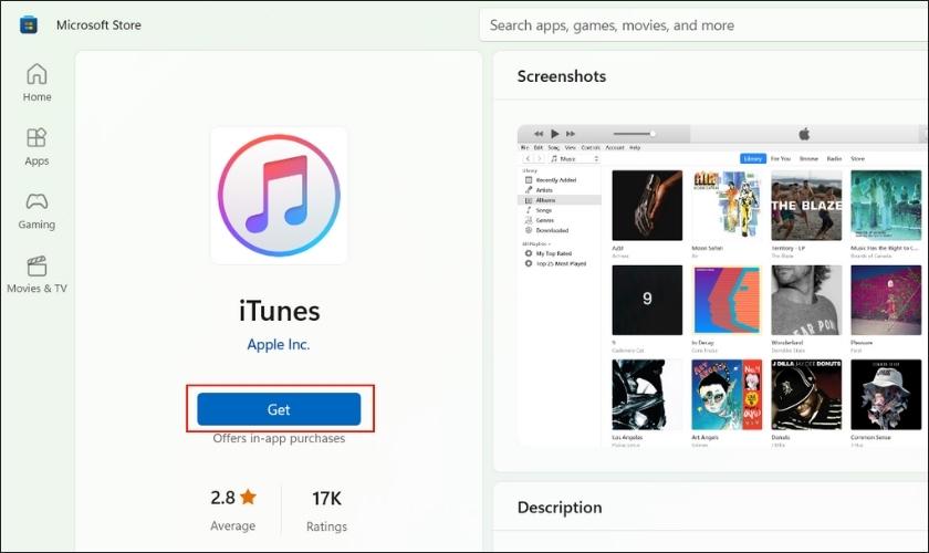 nhấn get để cài đặt itunes