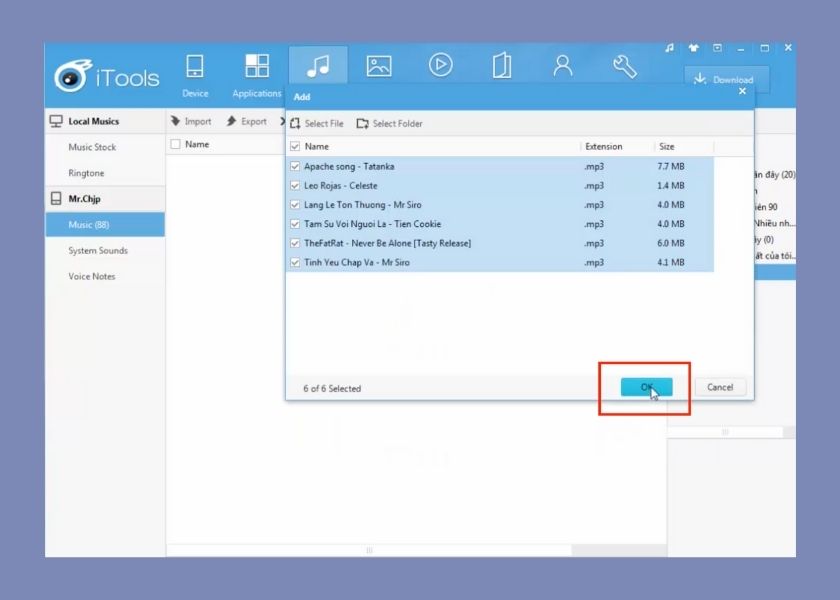 nhấn ok để hoàn tất cách tải nhạc về điện thoại iphone