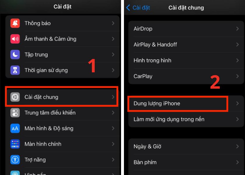 vào cài đặt chung và chọn dung lượng iphone