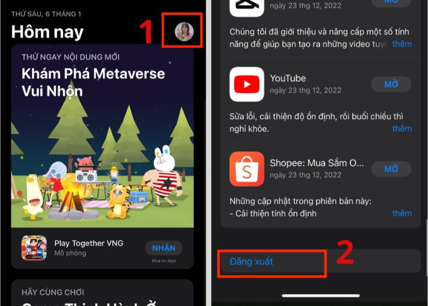 đăng xuất khỏi app store