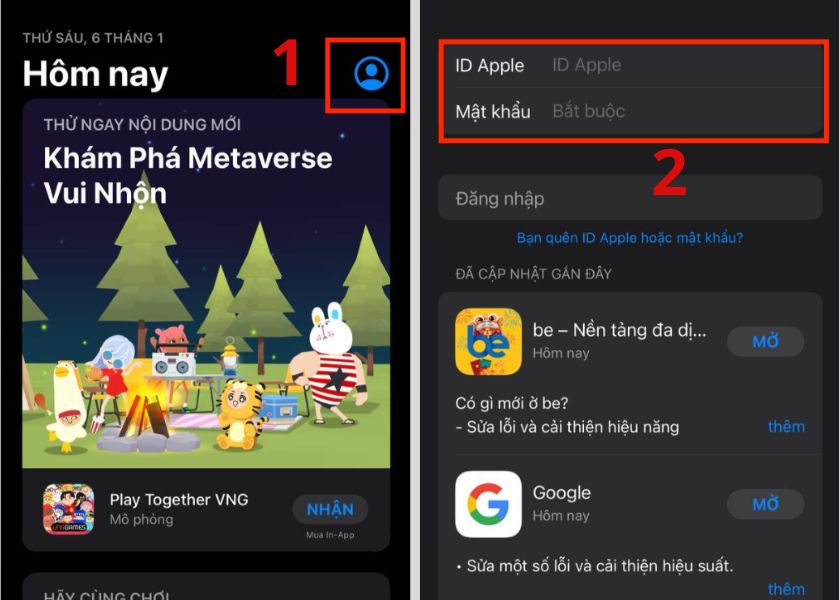 đăng nhập lại vào app store