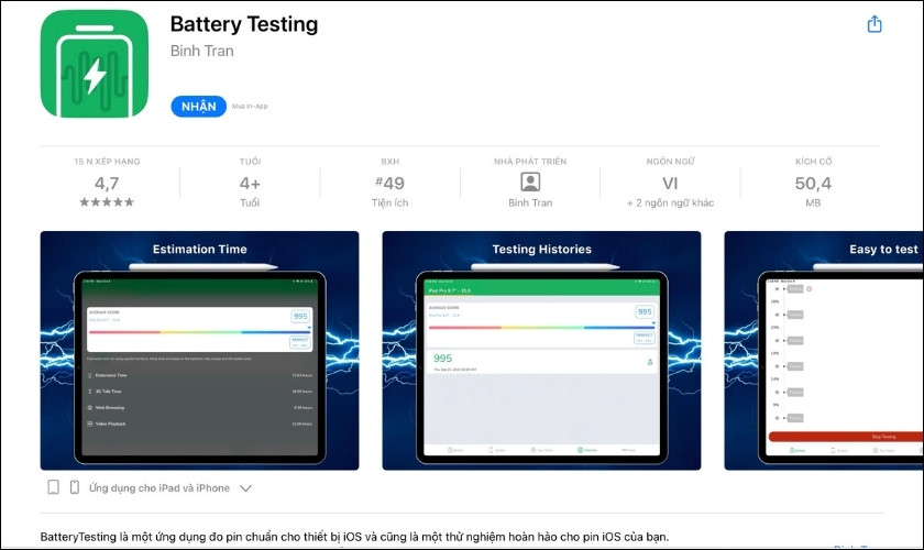 dùng app battery testing để kiểm tra pin