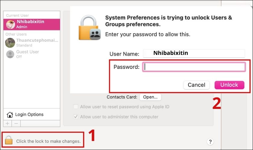 mở khóa để đổi pass macbook