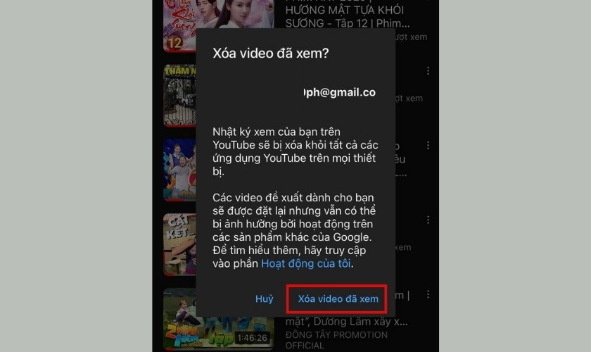 xóa lịch sử xem trên youtube