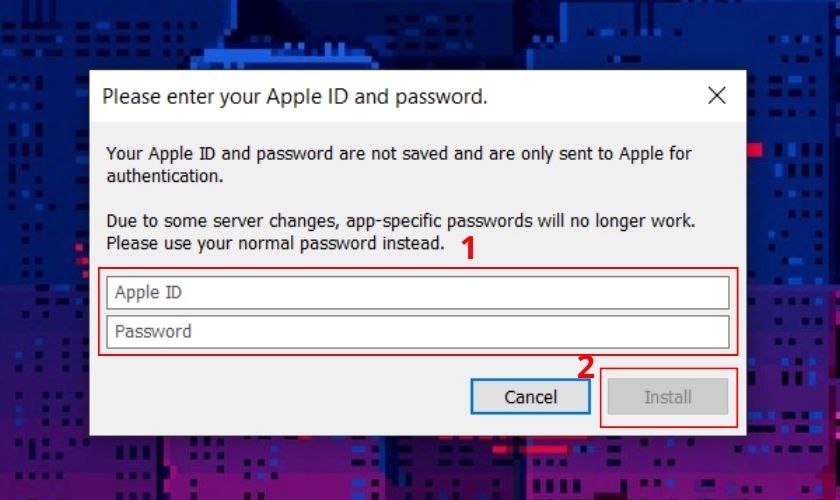 nhập mật khẩu id apple và nhấn install