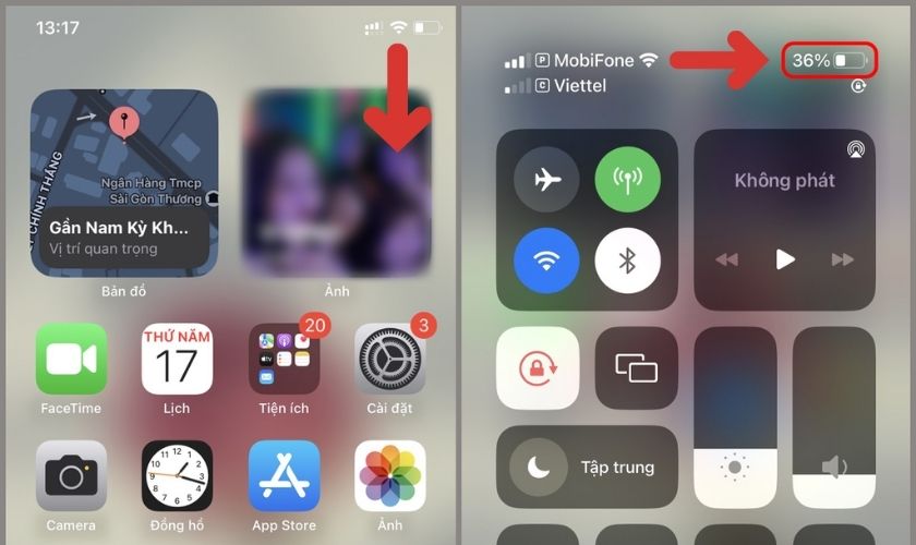 mở trung tâm điều khiển để xem phần trăm pin iphone