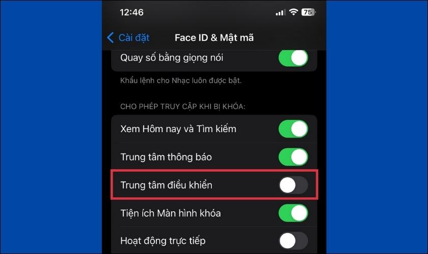 không cho phép truy cập trung tâm điều khiển khi khóa iphone