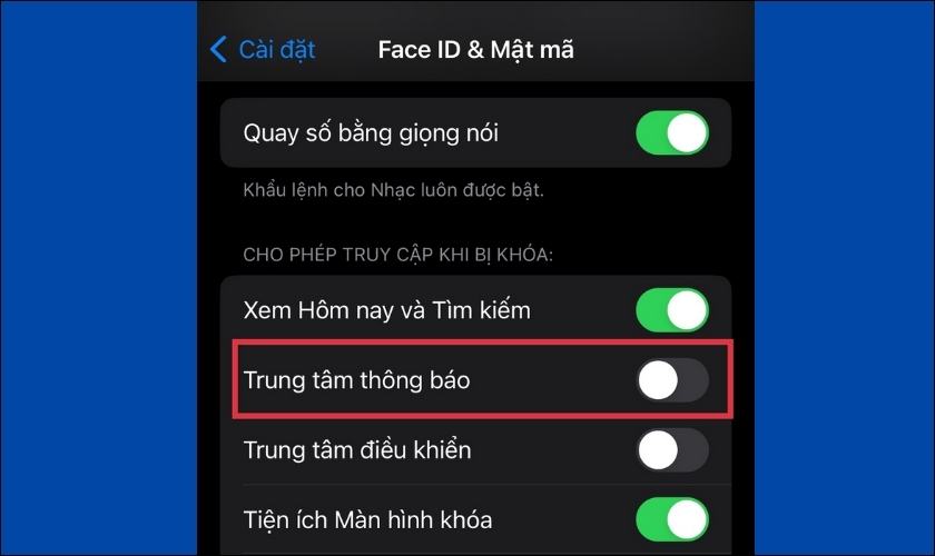 tắt trung tâm thông báo khi iphone bị khóa