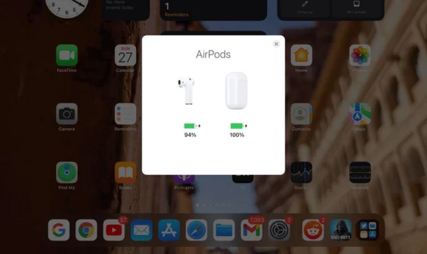 cách xem hiển thị phần trăm pin airpods trên ipad