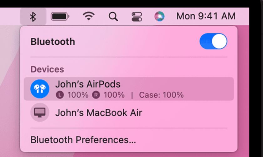 hiển thị pin airpods trên macbook khi đang kết nối