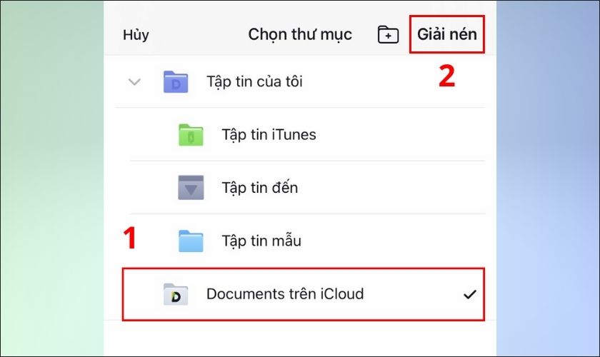 nhấn document trên icloud và chọn giải nén