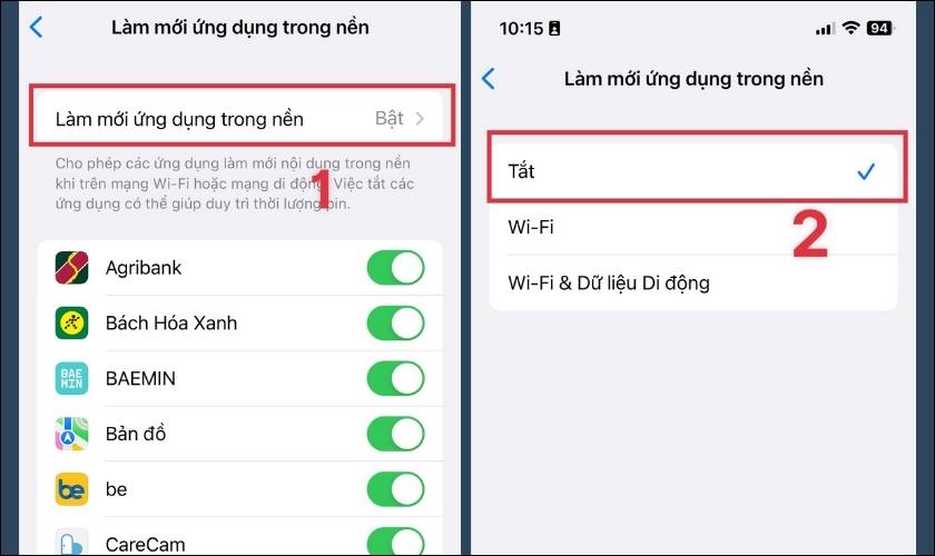 tắt tính năng làm mới ứng dụng trong nền