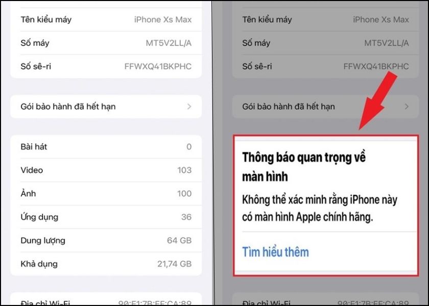 cách xem thông tin để biết screen đã thay chưa