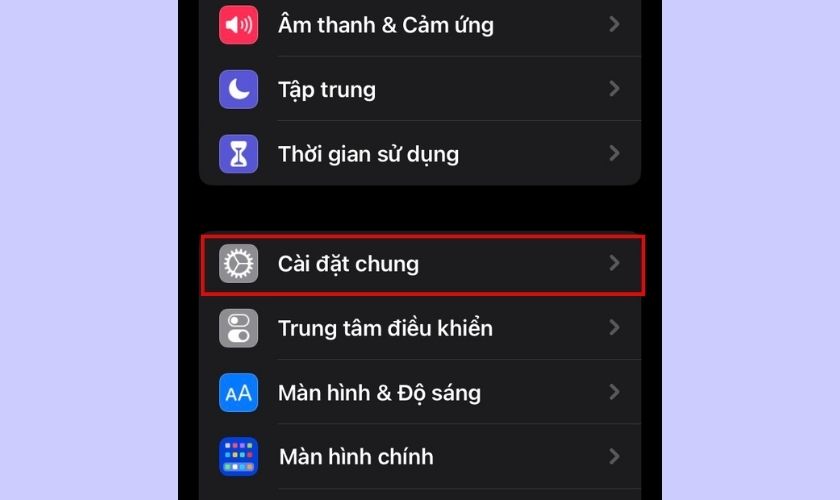 giao diện của mục cài đặt chung trên iphone