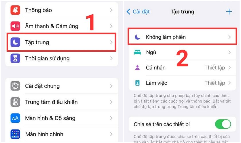 thiết lập chế độ tập trung trên iphone