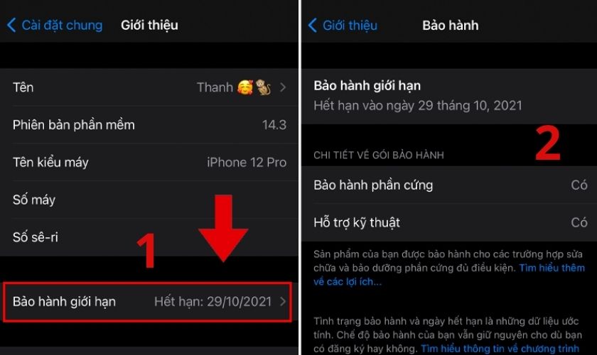 chọn mục bảo hành giới hạn để xem