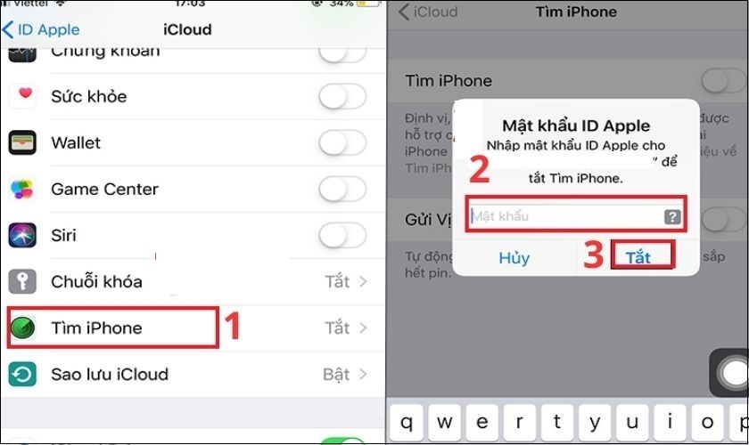 tắt tính năng tìm iphone để khắc phục icloud ẩn 