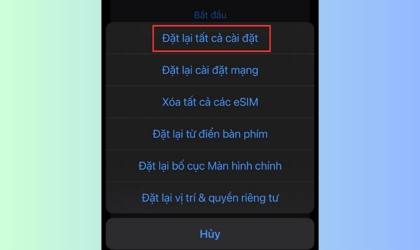 chọn đặt lại tất cả cài đặt