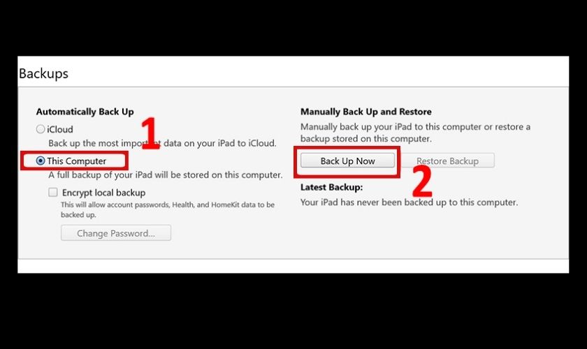 chọn this computer và nhấn back up now
