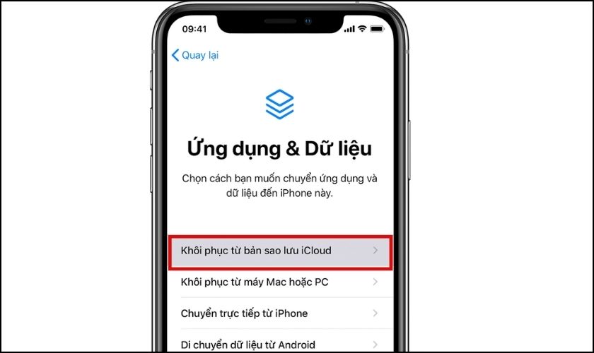 nhấn chọn khôi phục từ bản sao lưu icloud