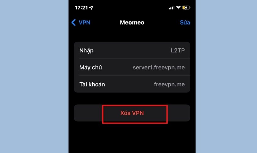 nhấn vào xoá vpn trên iphone