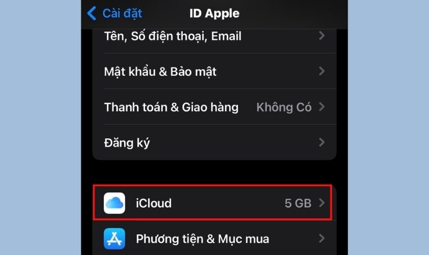 nhấp vào mục icloud