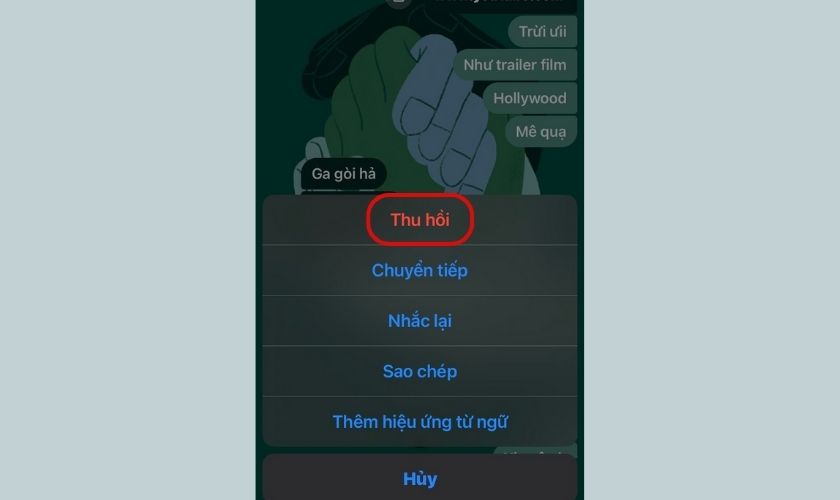 nhấn vào lệnh thu hồi để xóa tin nhắn trên messenger