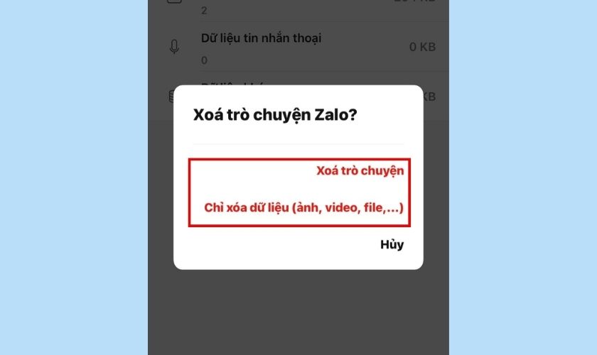 chọn cách để xóa dữ liệu zalo trên iphone
