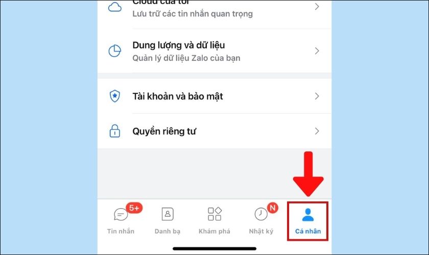 nhấp vào mục cá nhân trên zalo