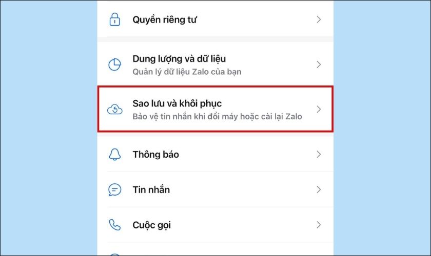 giao diện mục sao lưu và khôi phục