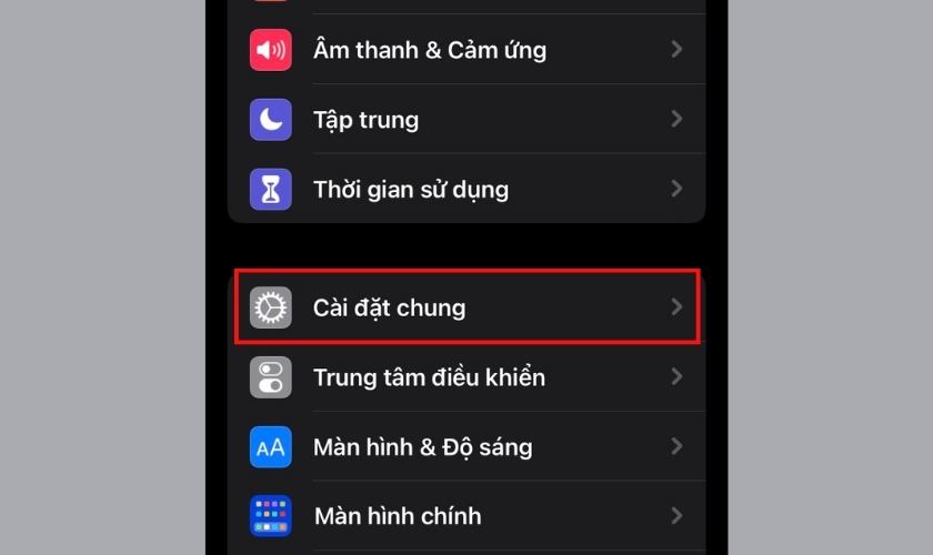 giao diện mục cài đặt chung trên iphone