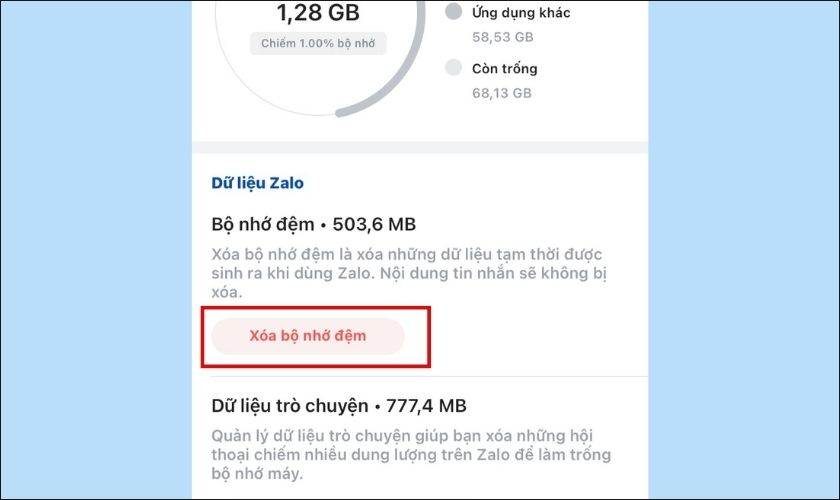 xóa dữ liệu zalo trên iphone bằng cách xóa bộ nhớ đệm