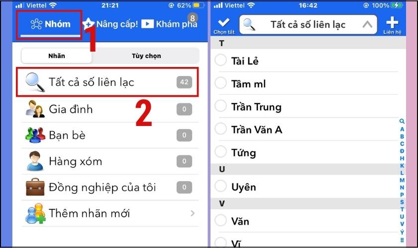 chọn các liên hệ cần xóa 