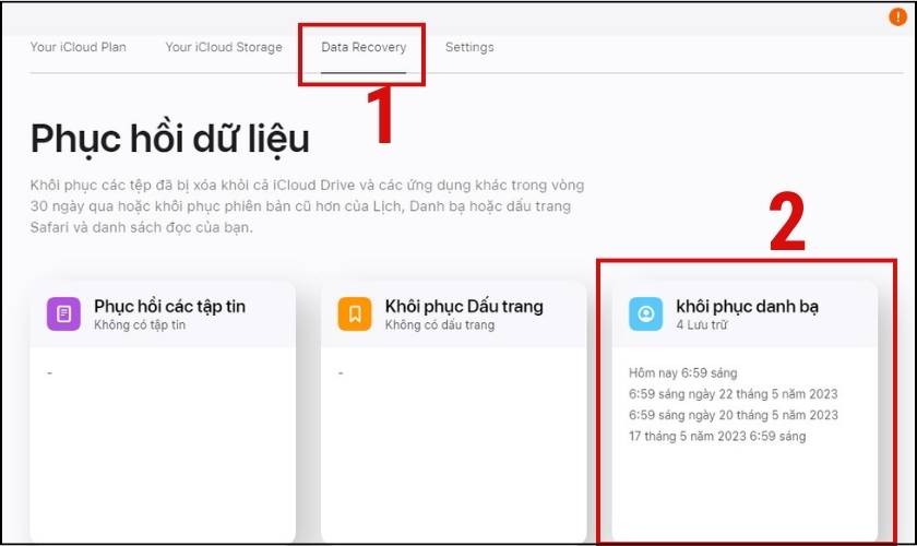 chọn khôi phục danh bạ trên icloud 