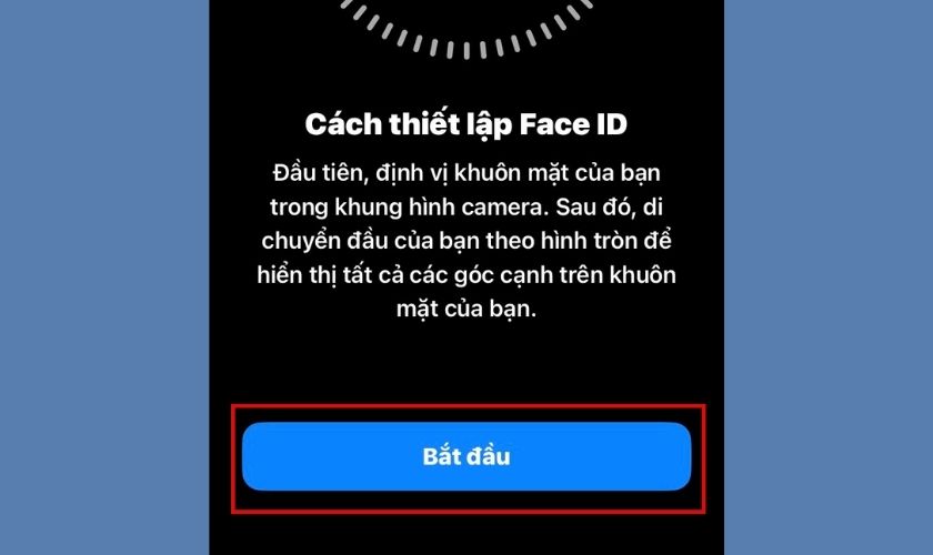 nhấn vào bắt đầu để thiết lập lại face id