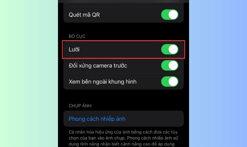 Cách chỉnh bật lưới trên camera iPhone 