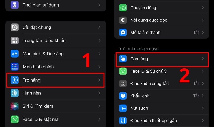 click vào mục Cảm ứng