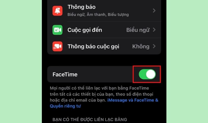 bật công tắt để kích hoạt Facetime