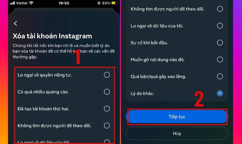 Chọn lí do khóa tài khoản Instagram trên iPhone vĩnh viễn 