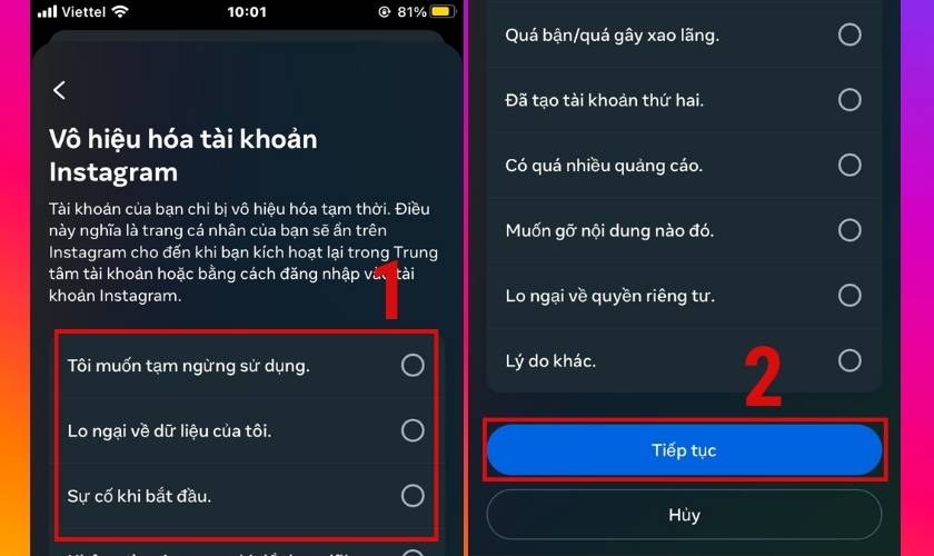 Chọn lí do khóa tài khoản Instagram 