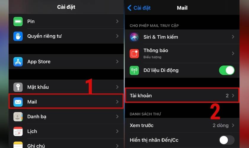 vào mail chọn tài khoản để thực hiện cách tạo mail thủ công trên iphone
