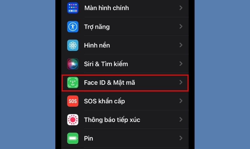 chọn mục Face id và mật mã 