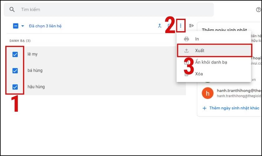 chọn các danh bạ cần xuất