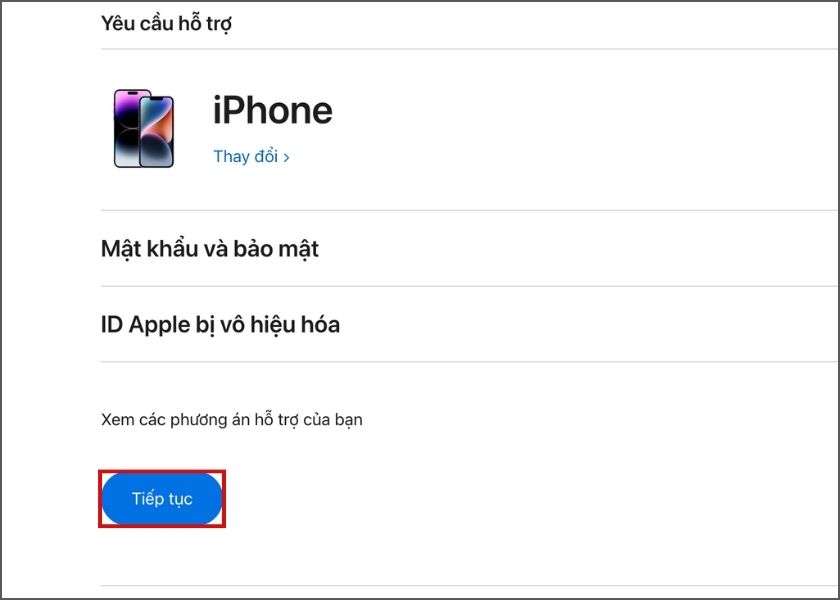 chọn id apple bị vô hiệu hóa rồi nhấn tiếp tục